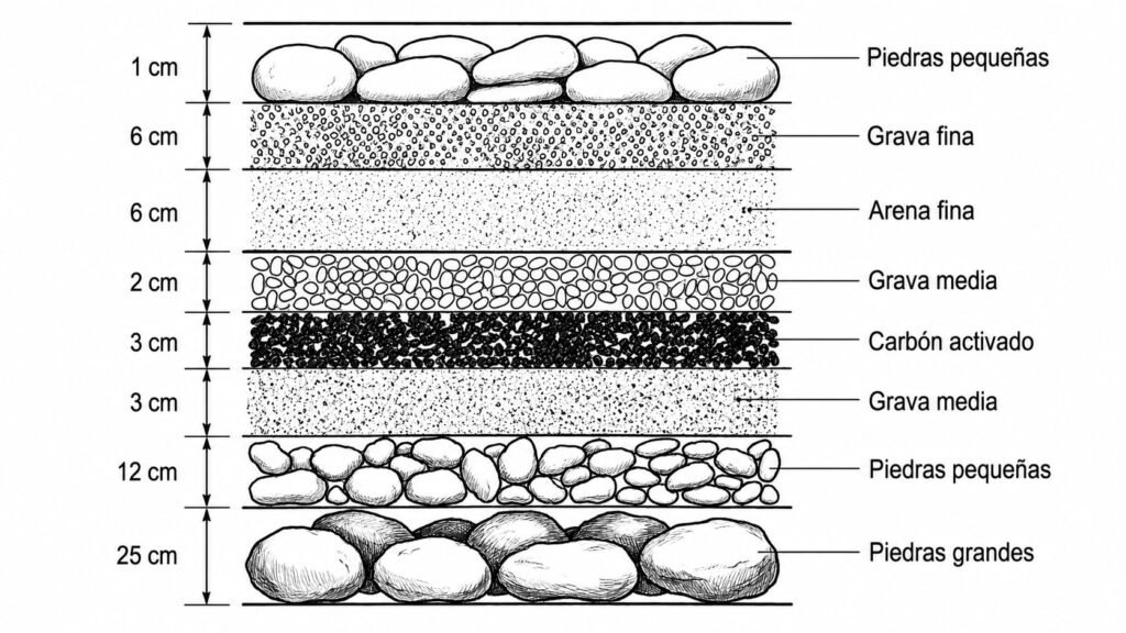 Esquema completo de filtro purificador de agua casero con capas de arena, grava y carbón activado - sistema de filtración lento familia