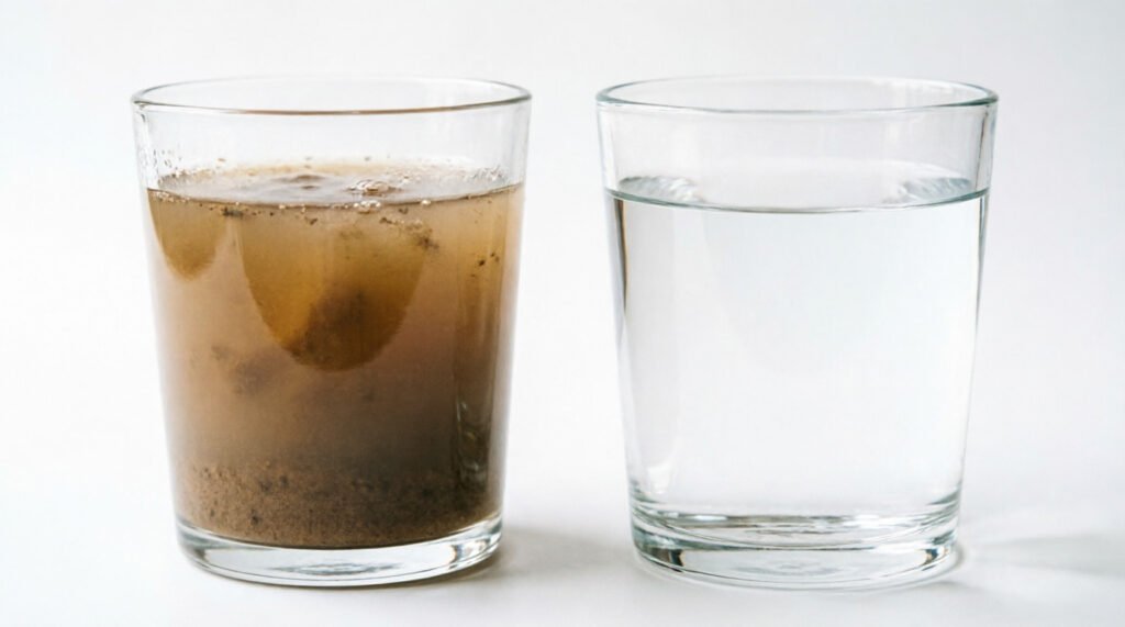 Comparativa agua turbia antes del filtro versus agua clara después de filtrar - efectividad del sistema de filtración lento por arena