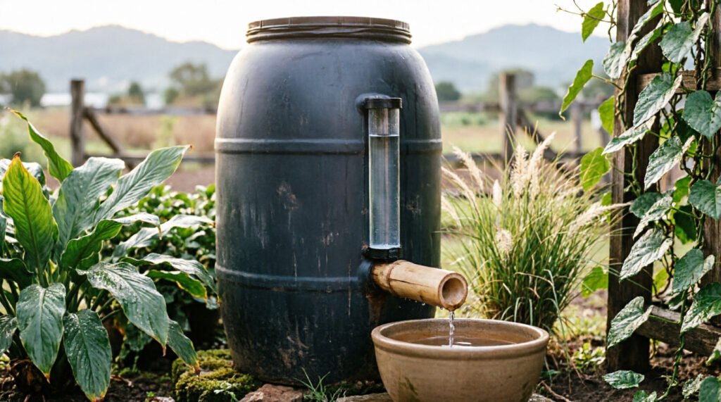 Filtro de agua casero terminado con tubo medidor de nivel transparente mostrando agua filtrada clara - sistema familiar de 200 litros