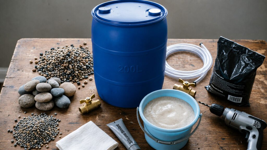 Materiales necesarios para construir filtro de agua casero: bidón plástico, arena, grava, carbón activado, piedras y válvulas de paso