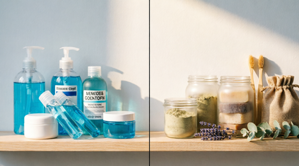 Microplásticos ocultos en cosmética y limpieza: Guía para identificarlos y alternativas reales 1 Alternativas naturales a la cosmética con microplásticos - champú sólido, cepillo de bambú, pasta dental en pastilla, desodorante natural y jabón artesano sobre lino