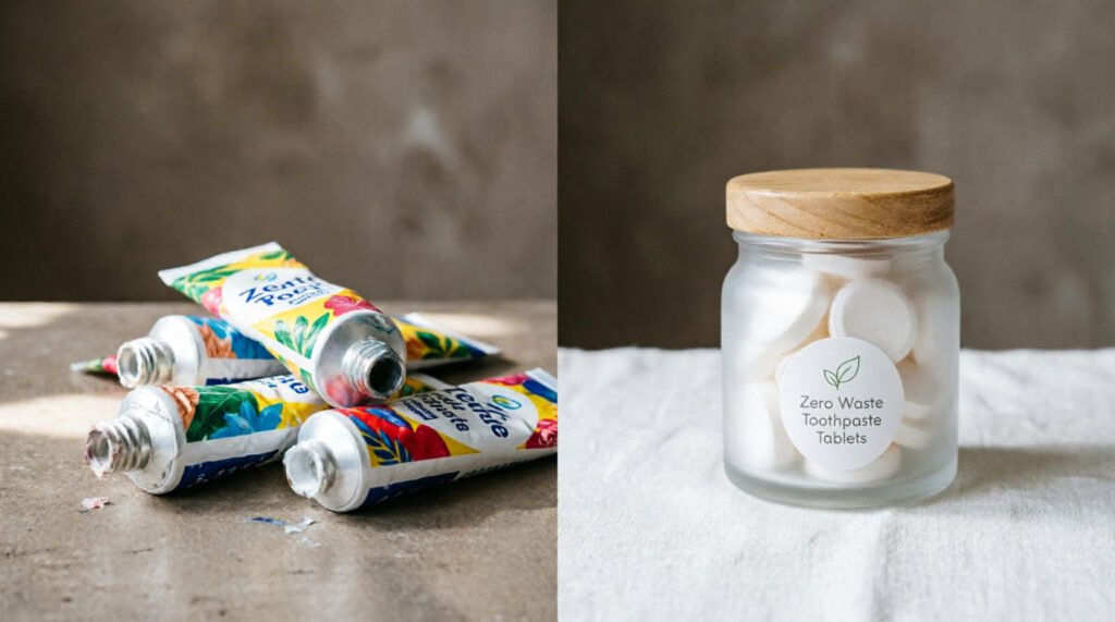 Cosmética "Waterless" (Sin agua): Cómo hacer tu propia pasta de dientes en pastilla 4 Comparativa residuos pasta dental: tubos de plástico versus pastillas en tarro de vidrio - impacto zero waste y reducción de plástico