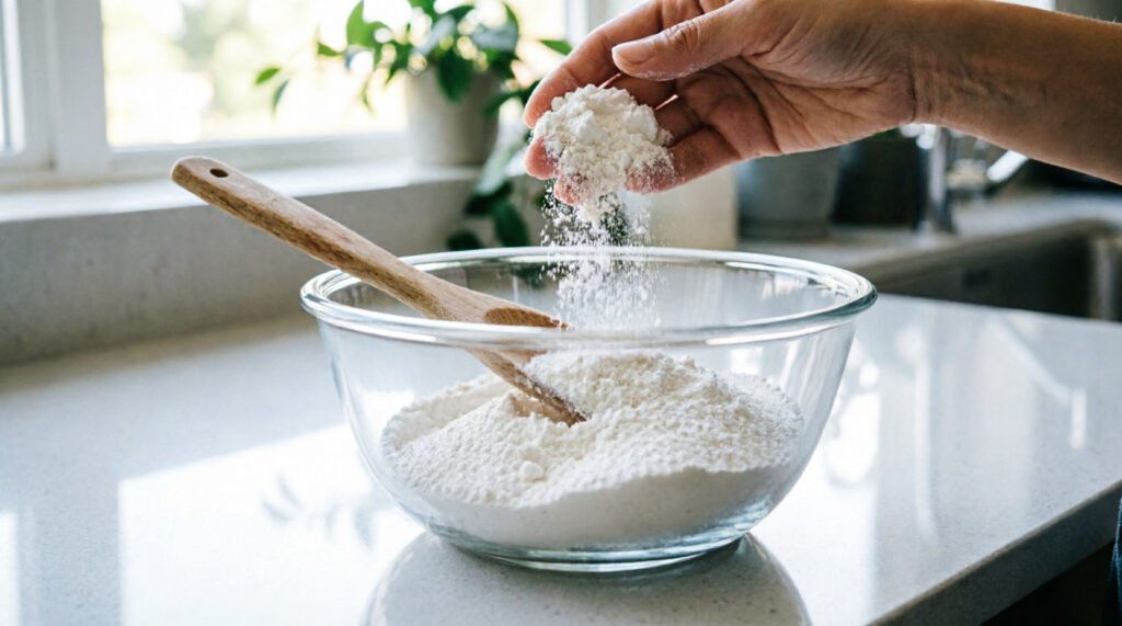 Cosmética "Waterless" (Sin agua): Cómo hacer tu propia pasta de dientes en pastilla 3 Preparación casera de pasta dental en pastilla - mezcla de bicarbonato y arcilla en bol de vidrio - DIY cosmética natural sin agua