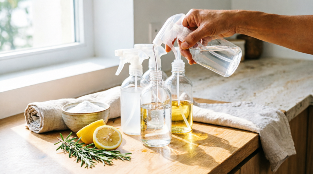 Microplásticos ocultos en cosmética y limpieza: Guía para identificarlos y alternativas reales 4 Productos de limpieza ecológica casera sin microplásticos - botellas de vidrio con vinagre, limones, romero y bicarbonato en cocina natura