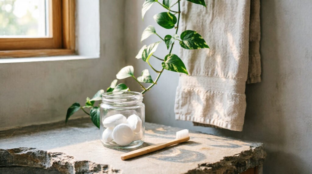Cosmética "Waterless" (Sin agua): Cómo hacer tu propia pasta de dientes en pastilla 5 Pasta dental en pastilla almacenada en tarro de vidrio en baño zero waste con decoración natural y productos ecológicos