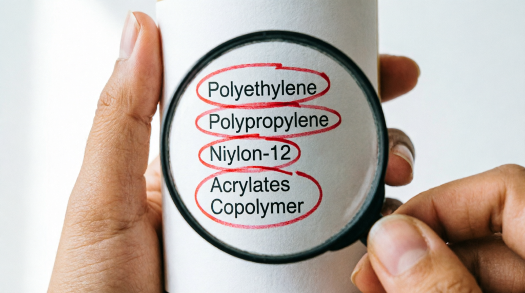 Microplásticos ocultos en cosmética y limpieza: Guía para identificarlos y alternativas reales 2 Cómo identificar microplásticos leyendo el etiquetado INCI con lupa - ingredientes Polyethylene, Acrylates Copolymer y Nylon-12 marcados en rojo"